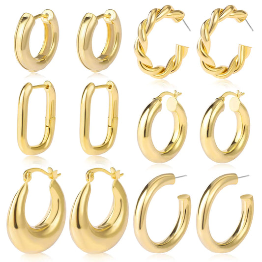 6 Pairs Chunky Gold Hoop Earrings Set for Women 14K Gold Plated Hypoallergenic Thick Open Huggie Hoop Set Jewelry for Gifts 01-Gold - Coeur Lumiere de tendresse