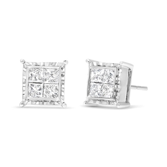 14K White Gold 1 1/2 Cttw Invisible Set Princess-Cut Diamond Contemporary Wavy Quad Stud Earrings (I-J Color, I1-I2 Clarity) - Coeur Lumiere de tendresse